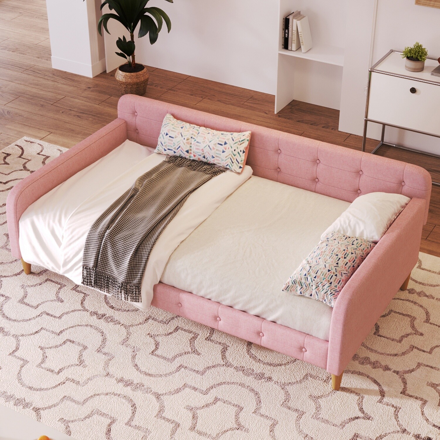 Twin/Full Size Daybed Upholstered Bed Frame Sofa Bed with 4 Legs Beige/Rubine