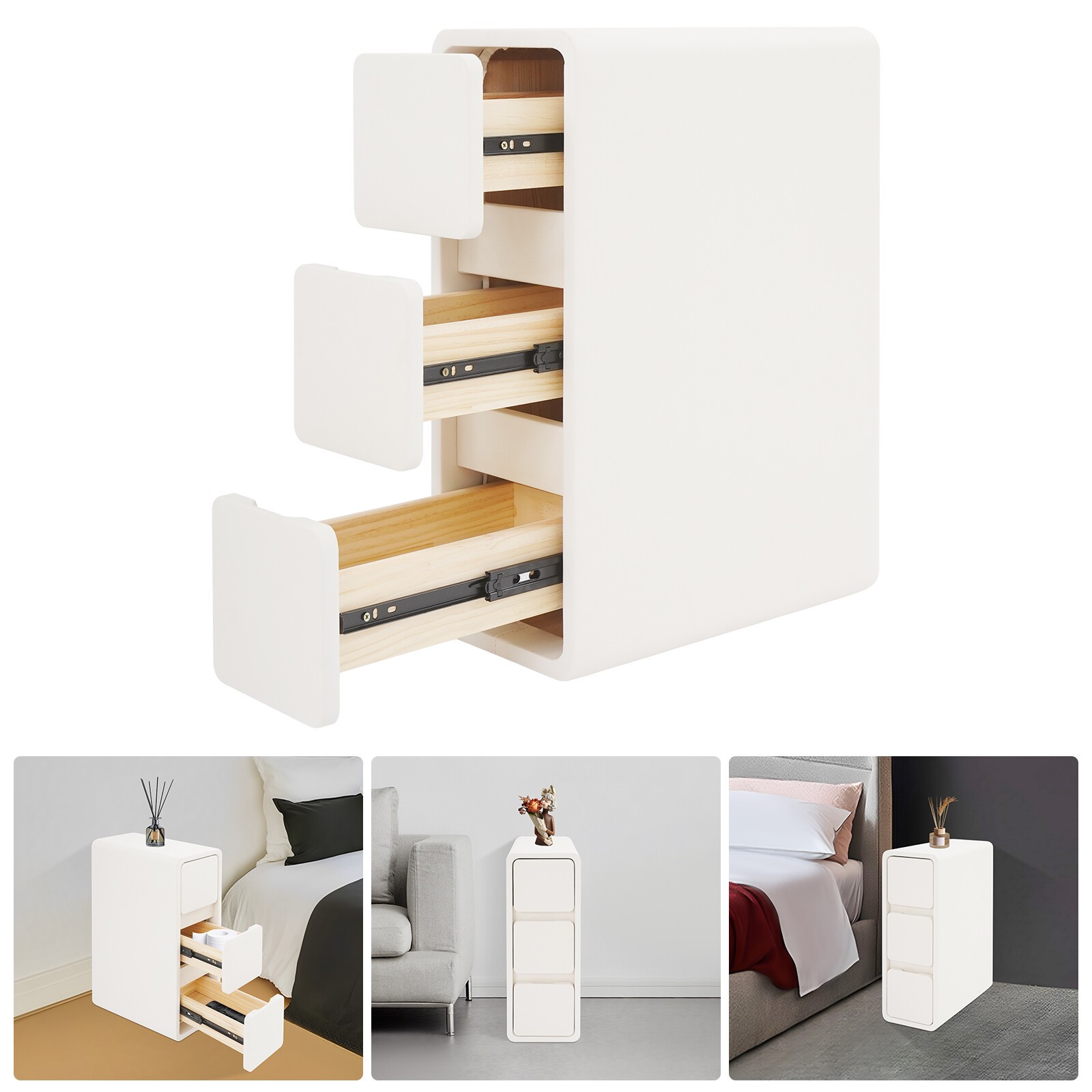 Nightstand Off-white Bedside Table with Drawers Small Narrow Nightstand