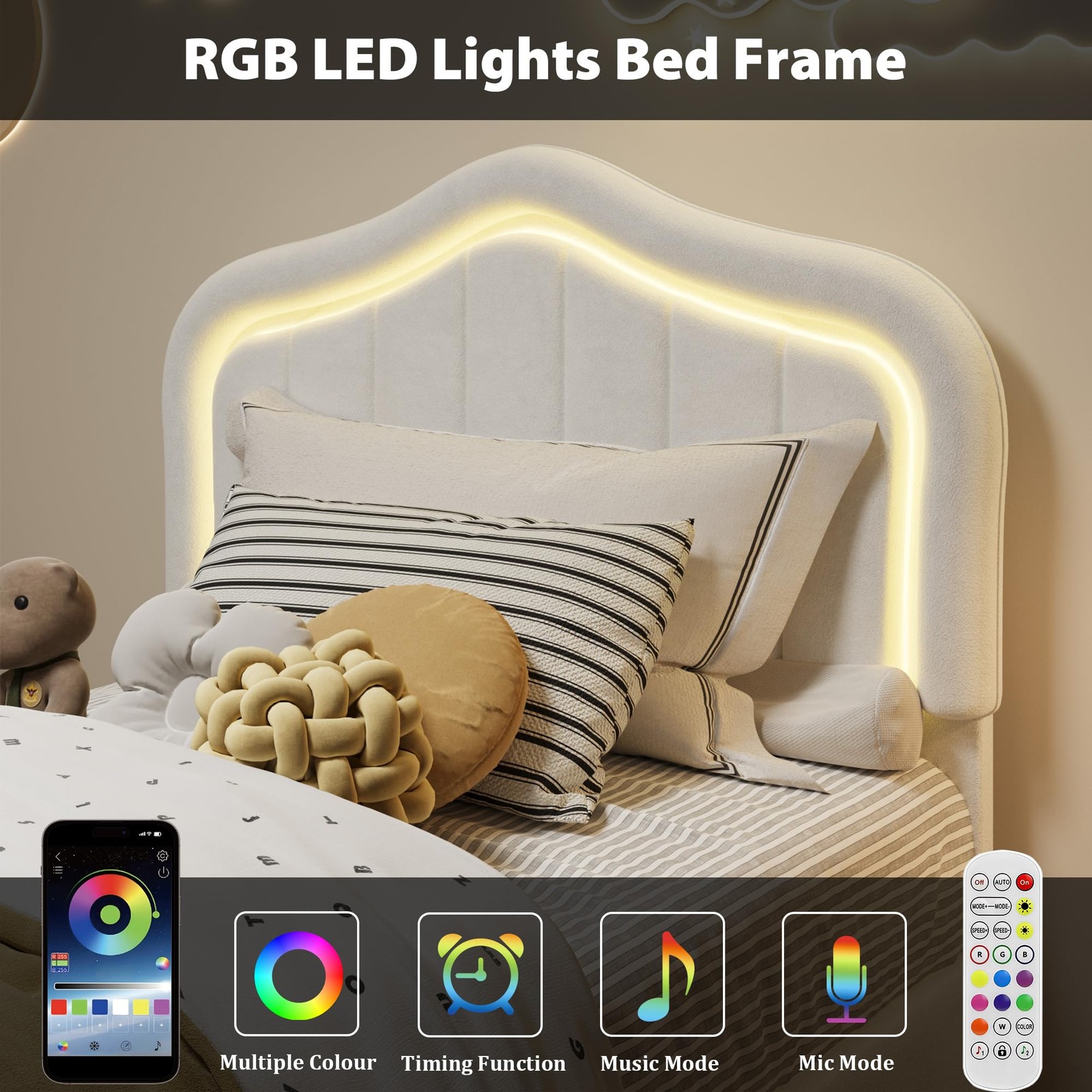 Twin Upholstered Bed Frame with Storage Drawer & LED Headboard for Kids/Girls