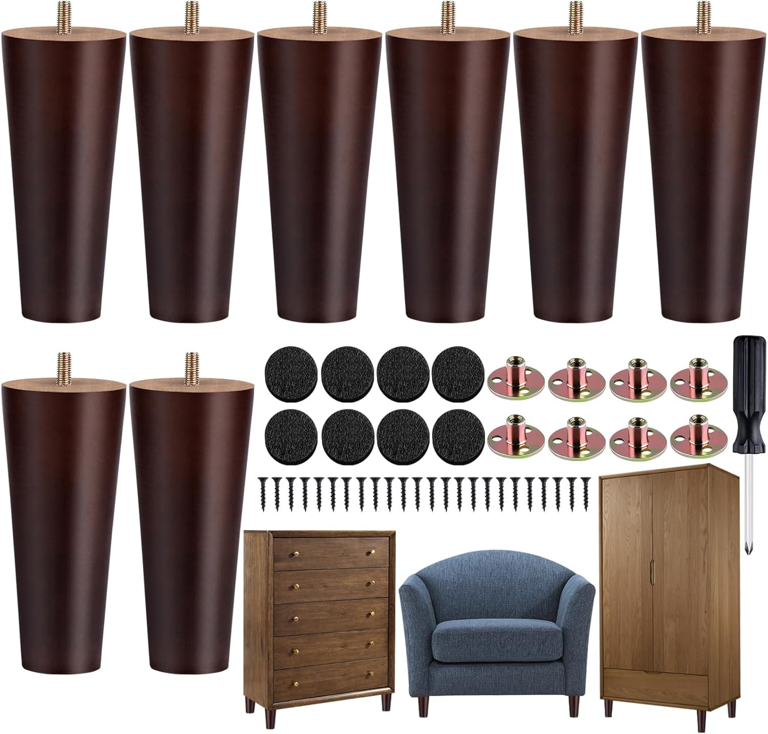 8 Pieces Furniture Legs 6 Inches round Solid Wood Furniture Feet