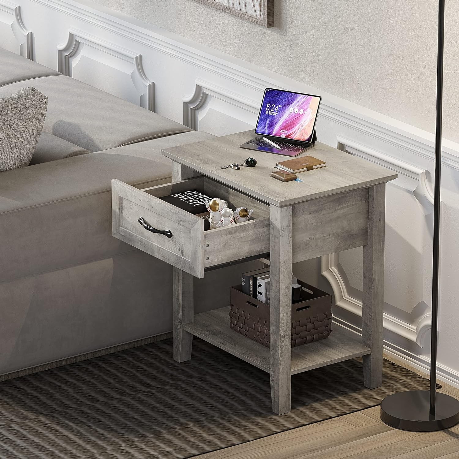 1PC Square Nightstand Bedside Table End Table Storage Drawer Easy Assembly Gray