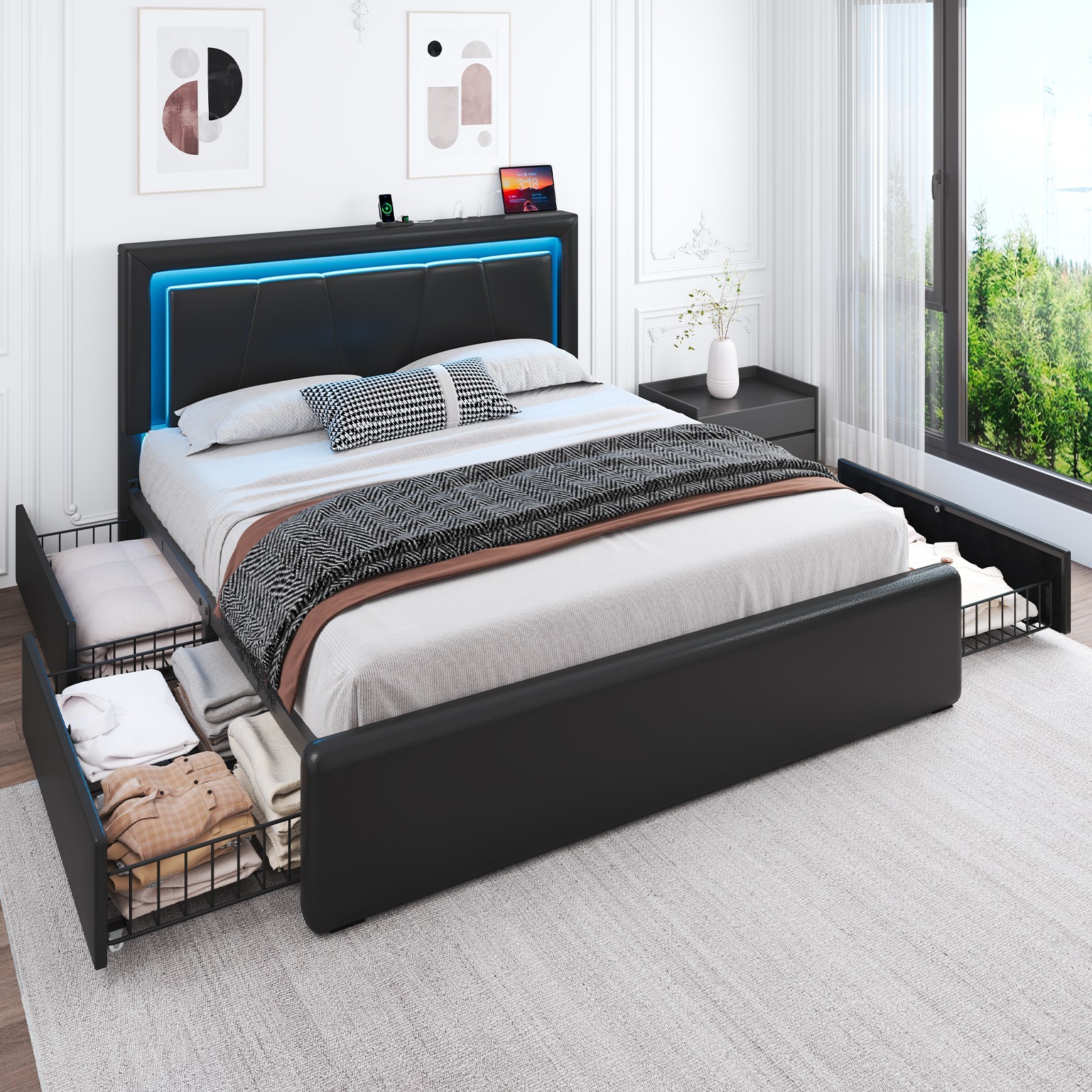 Full/Queen LED Bed Frame with Charging Headboard＆4 Storage Drawers