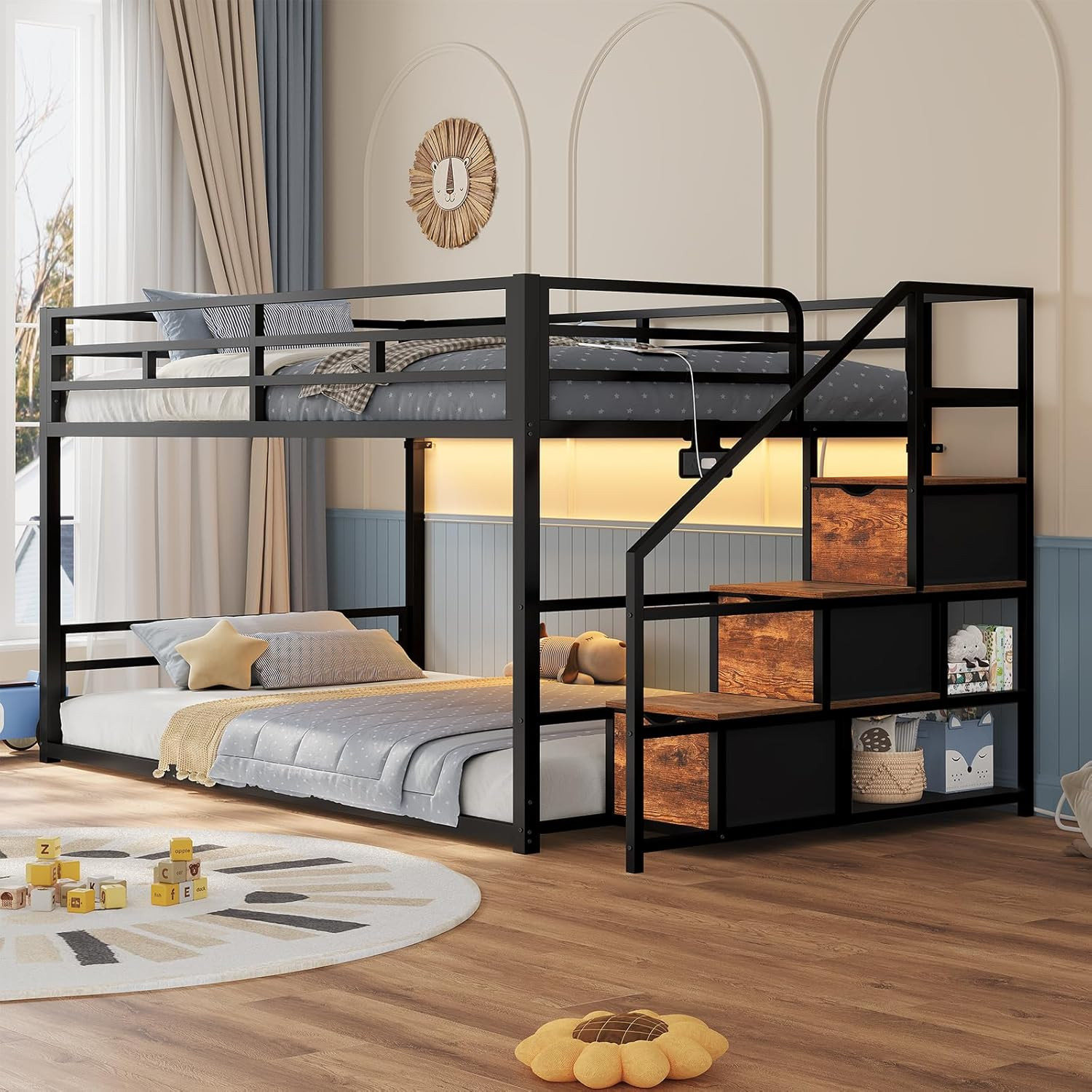 ADORNEVE Low Bunk Bed Twin over Twin with Storage Staircase, Drawers & Shelves,