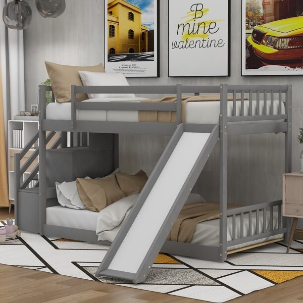 Bunk Bed Twin Over Twin with Slide and Stairway for Kids