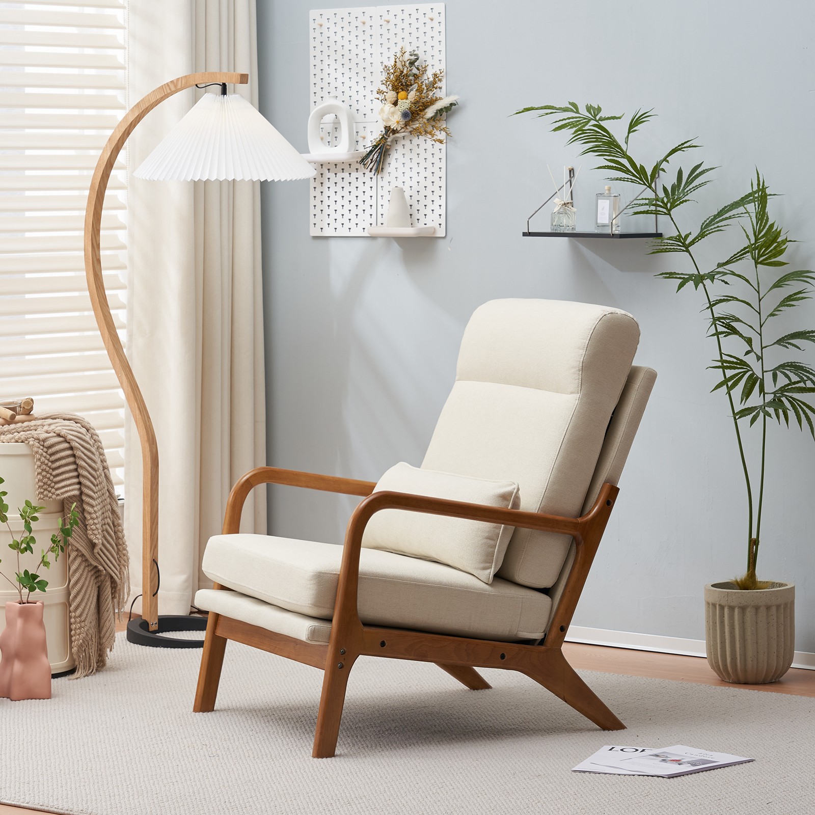 High Back Solid Wood Armrest Backrest Iron Frame Linen Indoor Leisure Chair Off