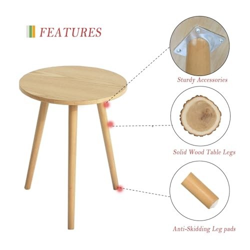 Round Side Table 15.7 Inch MDF Solid Wood Accent Nightstand for Living Room