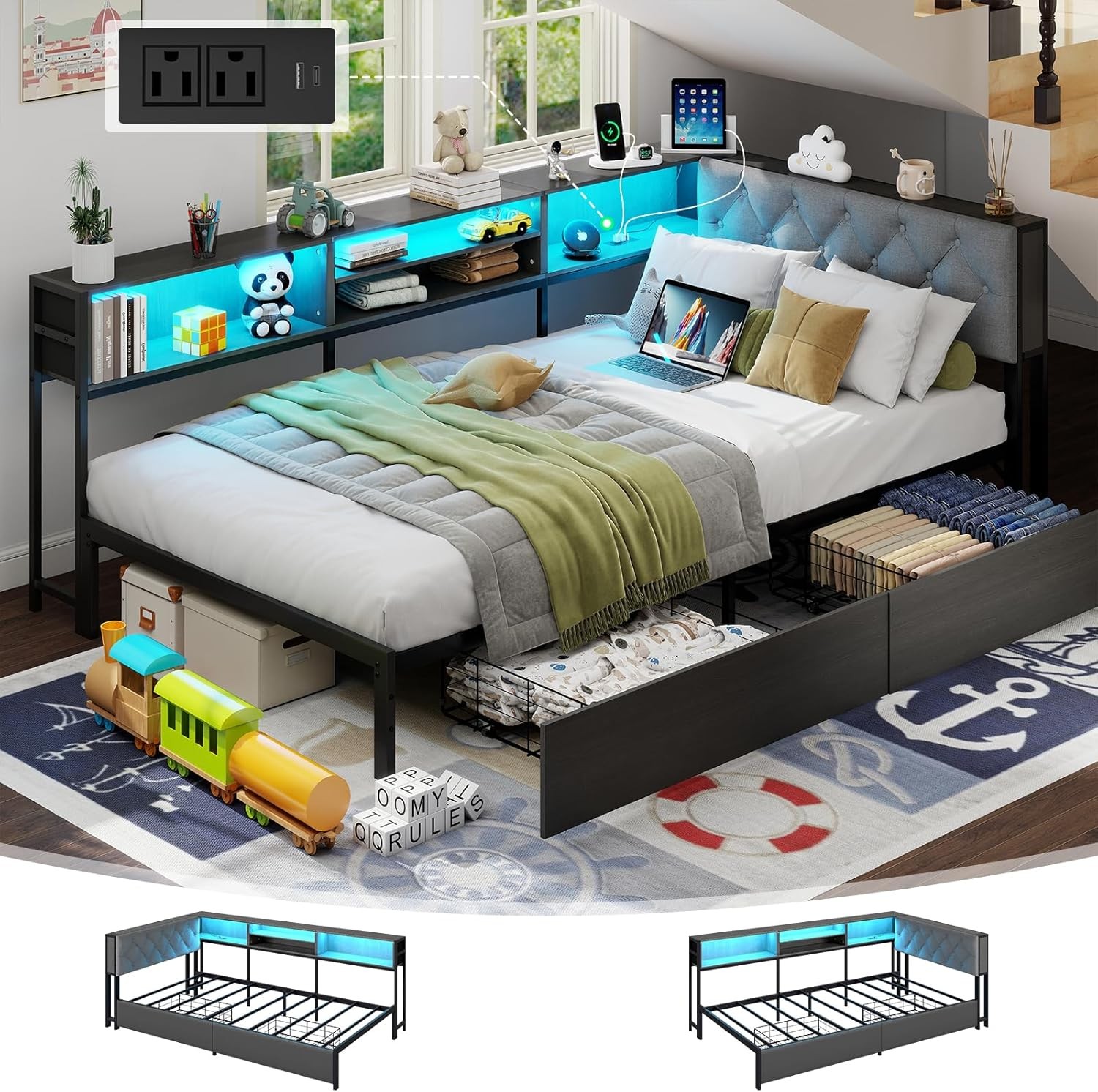 Corner Bed Frame with Storage Bookcase Twin / XL Daybed Kids Bed with Charging