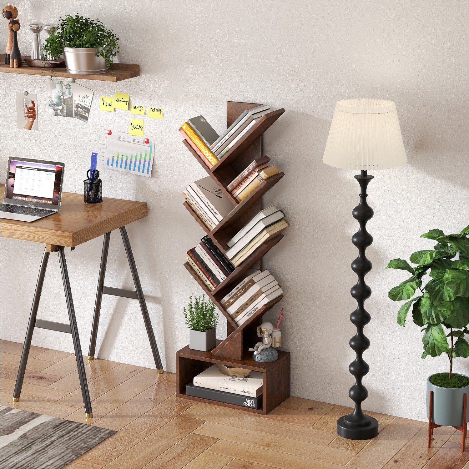 7 Tier Tree Bookshelf, Rustic Brown Floor Standing Bookcase with Storage Cabinet