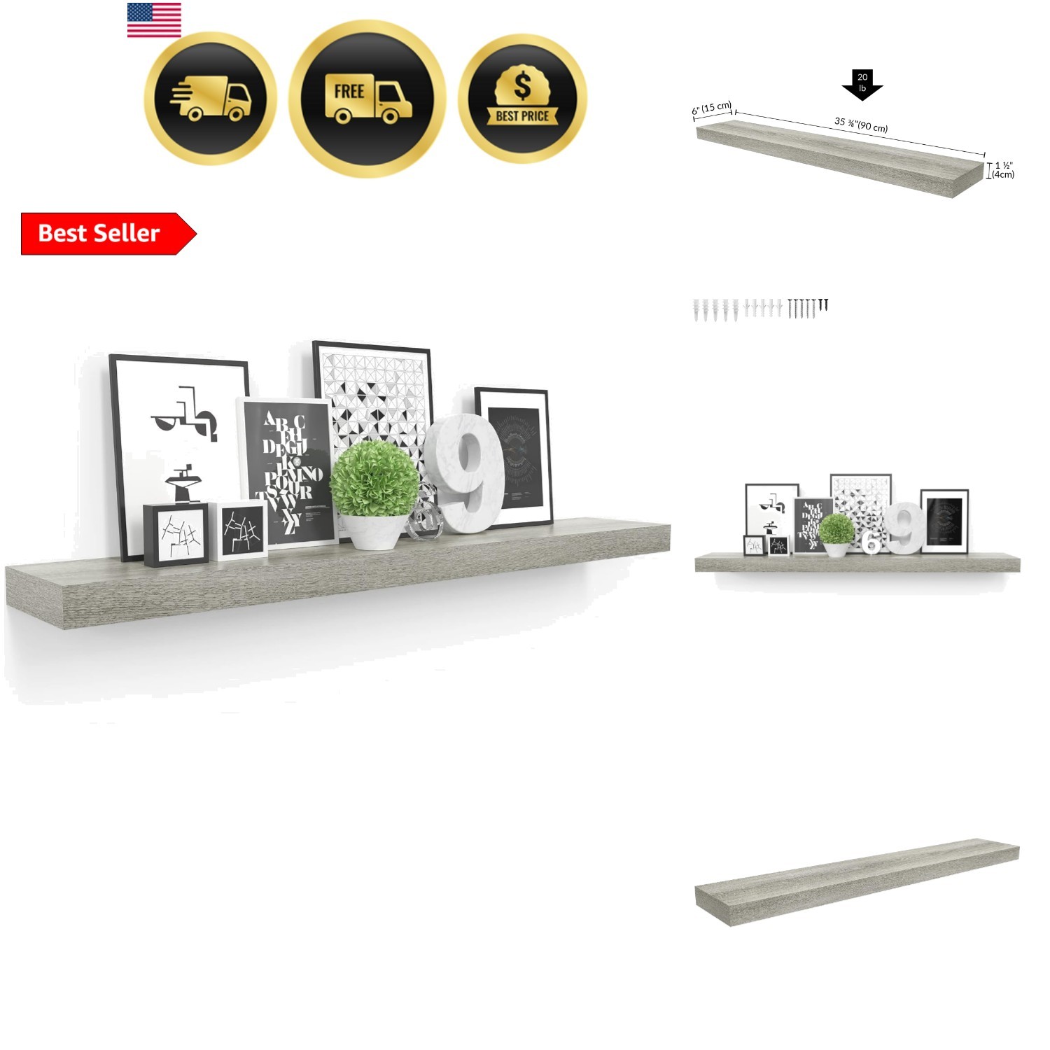 Floating Shelf, 36″ Hanging Shelf with Invisible Brackets, Wooden Floating Sh…