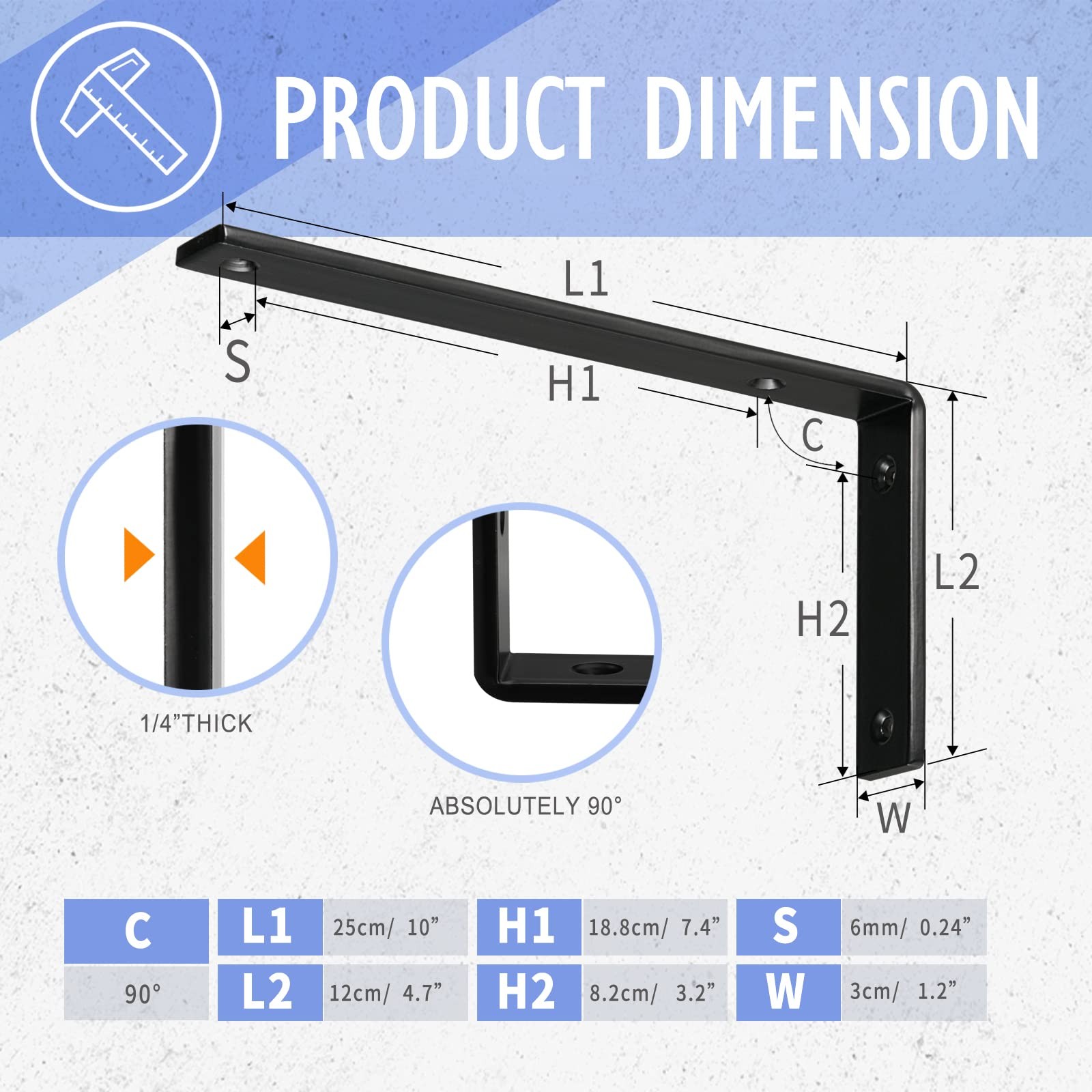 Shelf Bracket 10″ x 4.7″ 1/4″ Thick Black – Max Load 440 lb, Pack of 4 for DIY