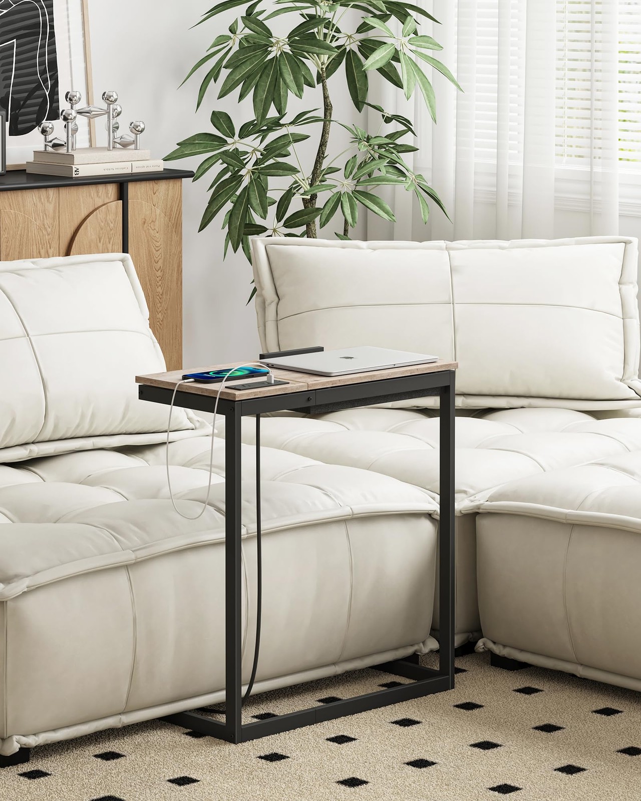 Shaped End Table with Charging Station, Tilting Laptop Stand Side Table, Unde…