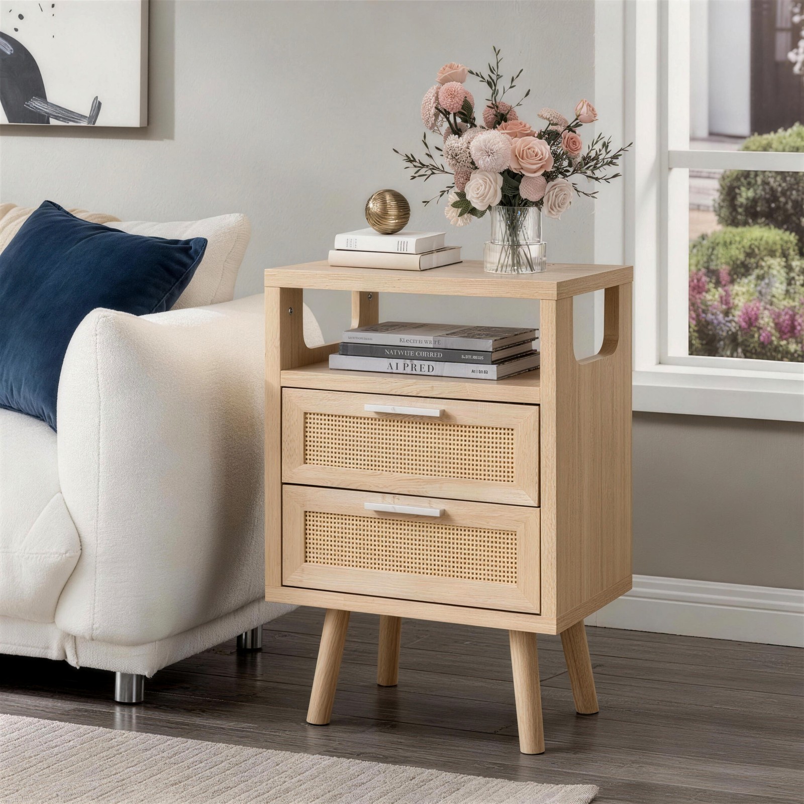 Set of 2 Modern Nightstands with 2 Drawers, Natural Wood Color, Bedroom Storage