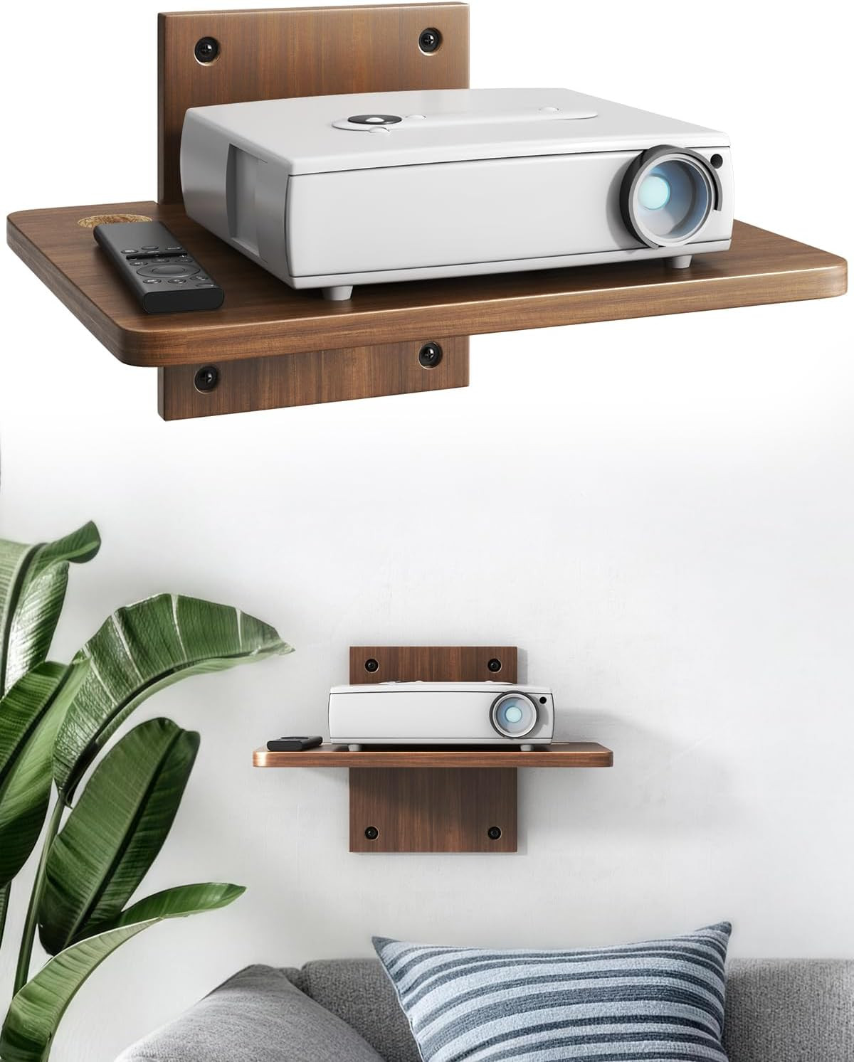 Floating TV Projector Shelf Wall Mount – 1 Tier Wooden Shelf, Walnut Brown | Hom