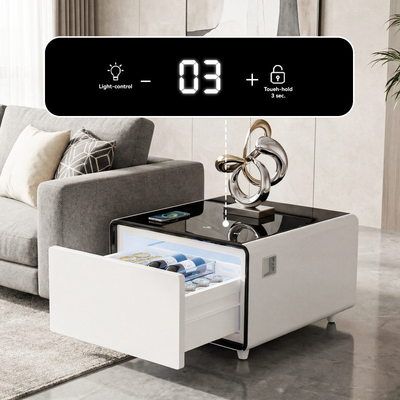 Modern Smart Coffee Side Table with Built-in Fridge Power Socket Induction Light