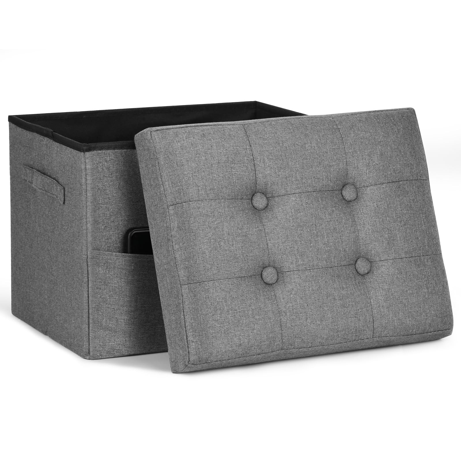 Dark Gray Foldable Storage Ottoman Foot Rest Linen Bench 350lbs 17x13x13 Inch