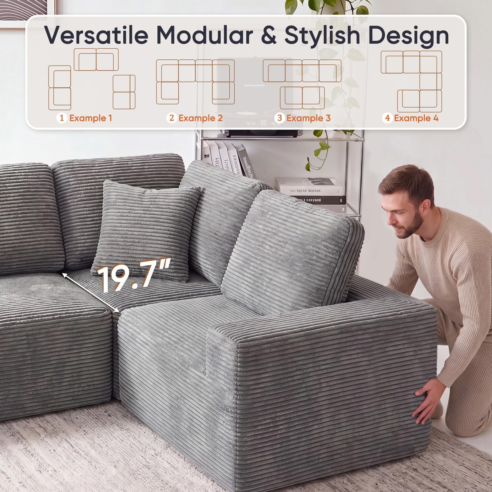 Sectional Sofa Modern Boneless Cloud Deep for Seat Grey Oversized No Assembly