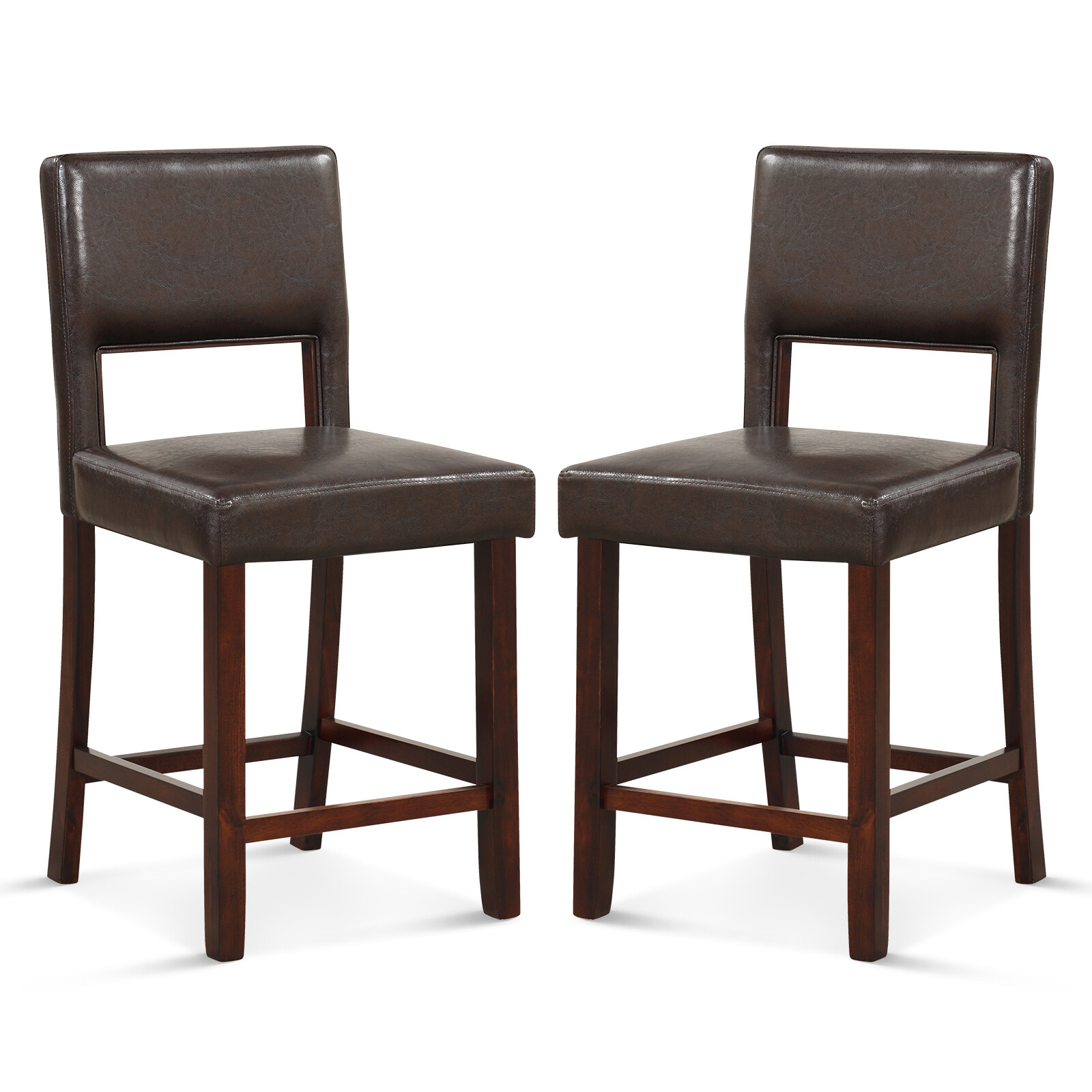 Set of 2 Upholstered PVC Leather Bar Stools 24.5″ Dining Chairs w/ Back Brown