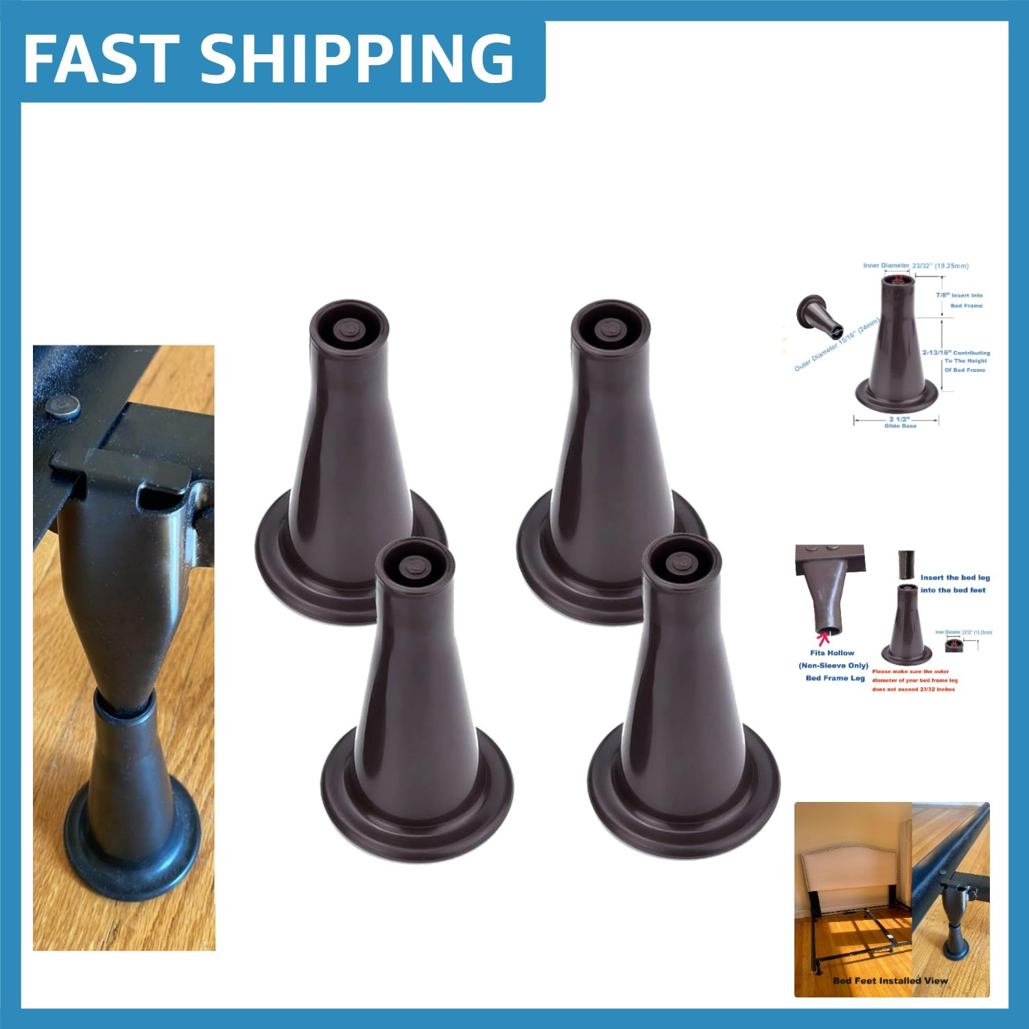 4PCS Non-Slip Bed Frame Feet – Elevate & Protect Your Wood Floors, Dark Brown