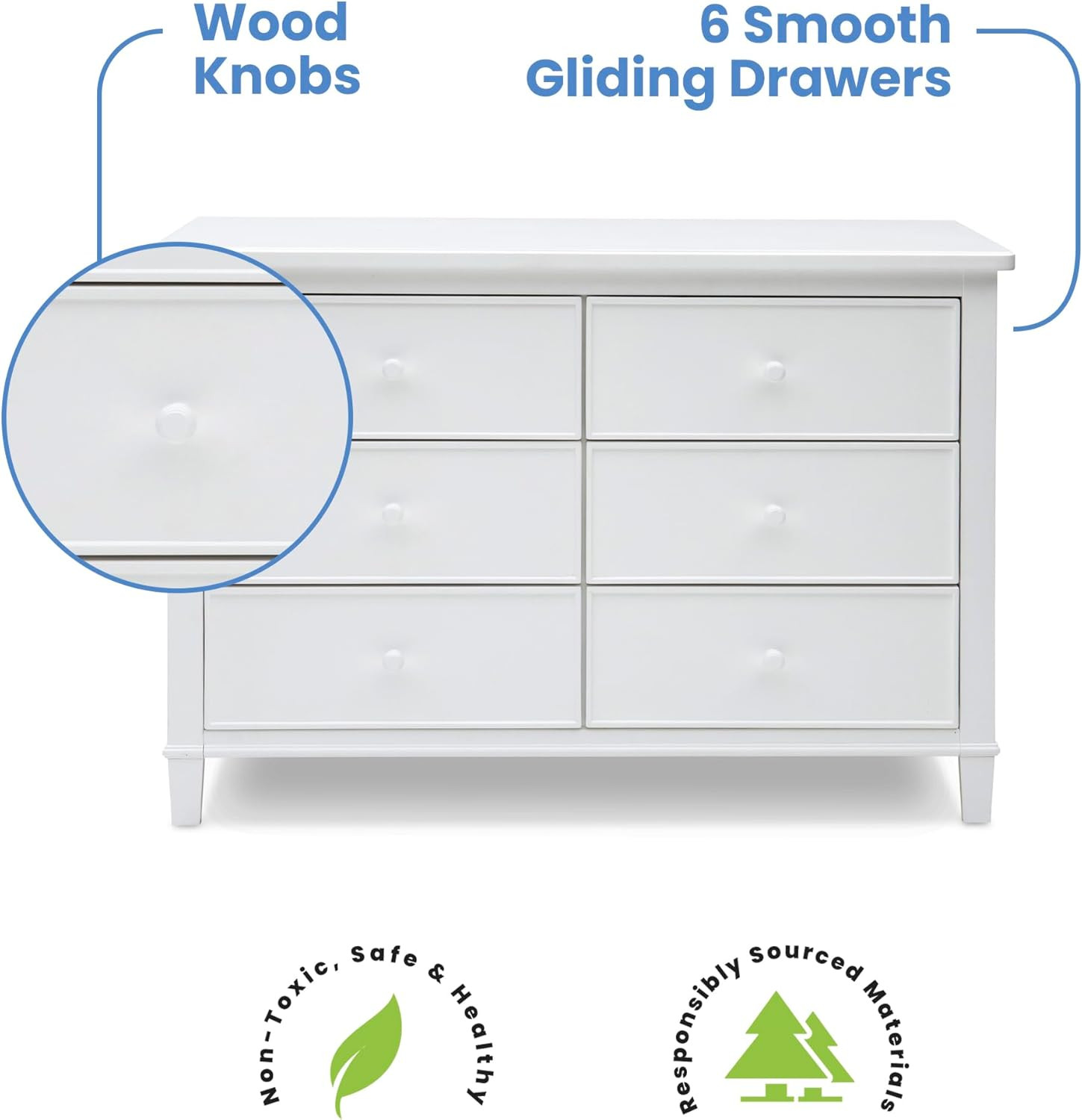 Haven 6 Drawer Dresser – Interlocking Design, Greenguard Gold Certified, White