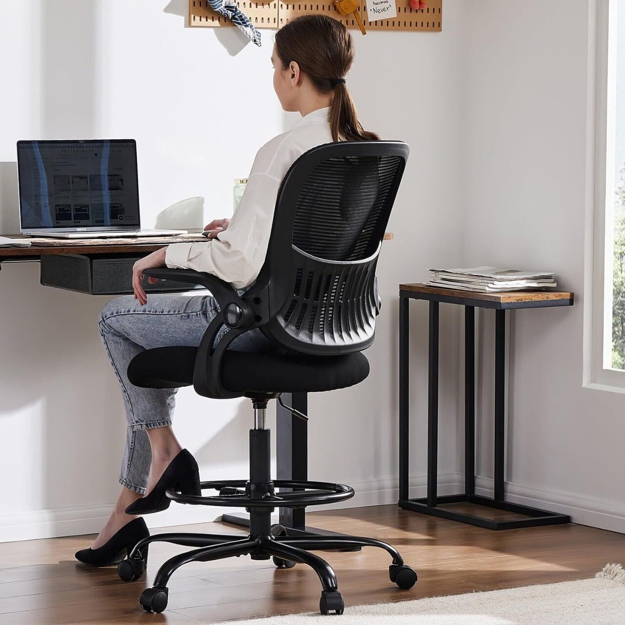 Tall Drafting Desk Chair Ergonomic Adjustable High Stool Computer with Foot Ring