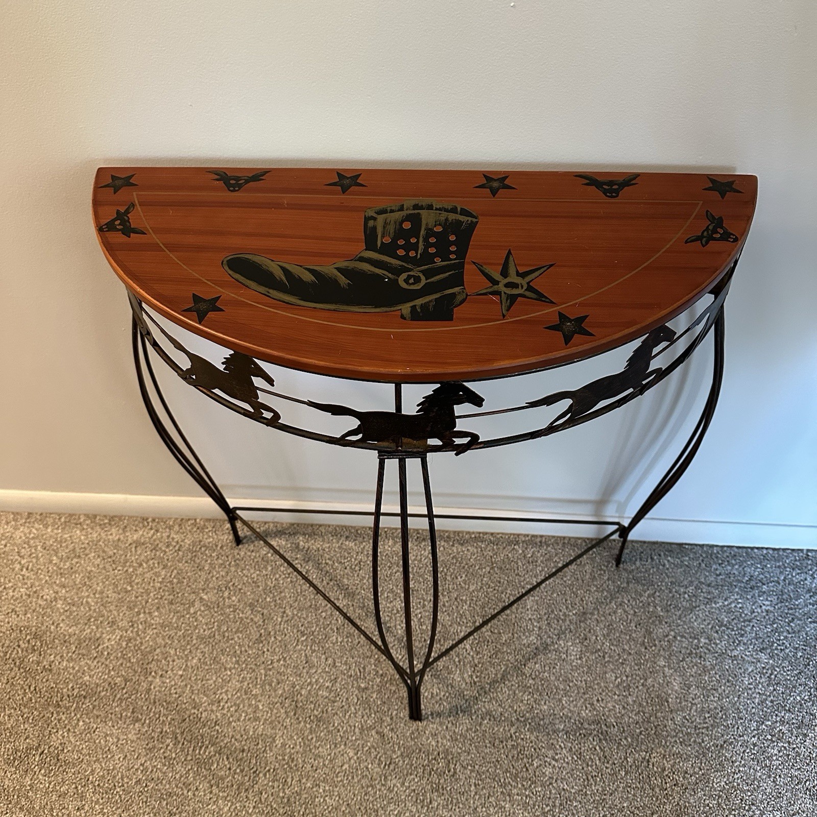Vintage Western Demi-Lune Console Table Wrought Iron Running Horses Cowboy Boot