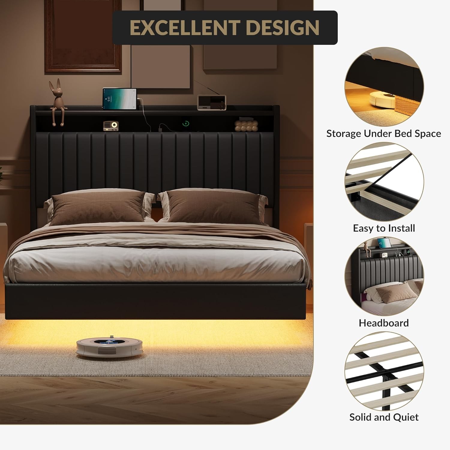 Floating Bed Frame W/ Storage, RGB Lights & Charging Station, No Box Spring