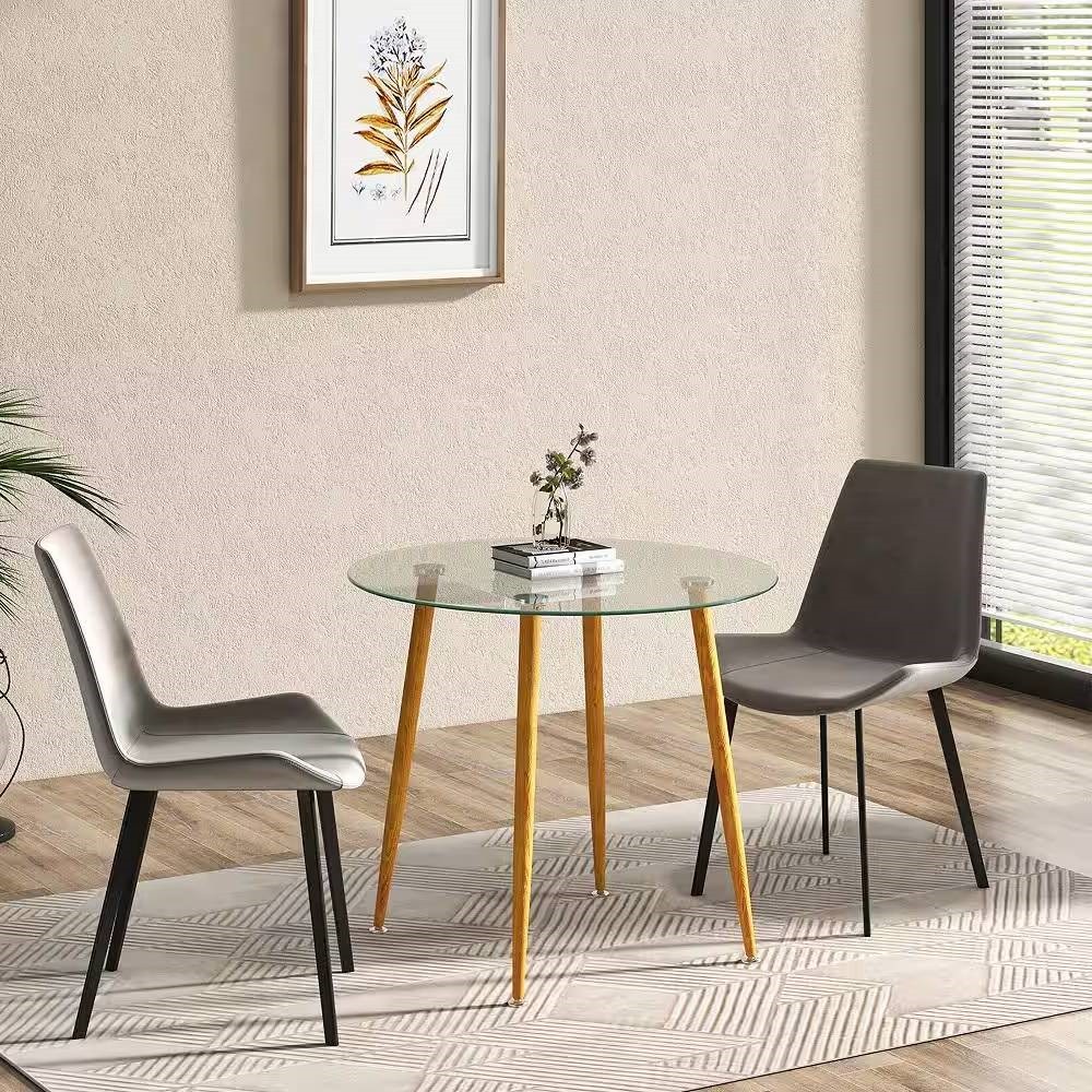 Modern Round Glass Top Dining Table Wood Look Metal Legs 35.5in
