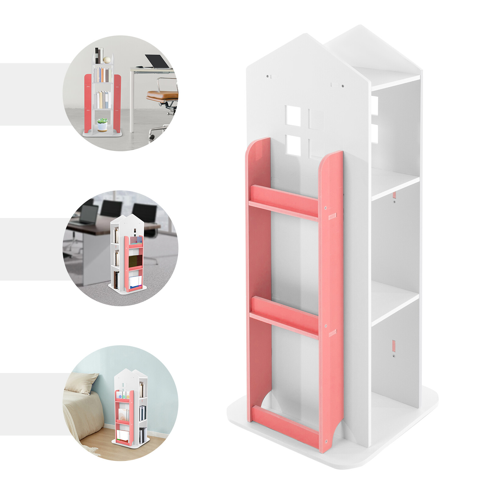 4 Tiers Corner Floor Mount Bookcase Organizer Rotating Castle Bookshelf Pink