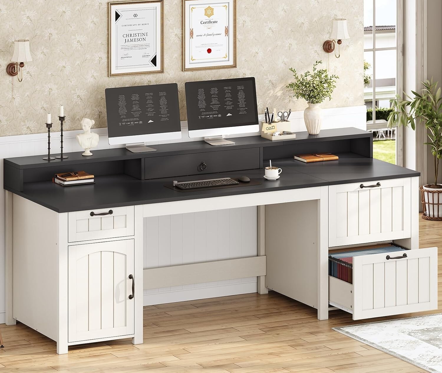 Farmhouse 63″ Executive Desk, Wood Computer Desk with Drawers & Storage Cabinet