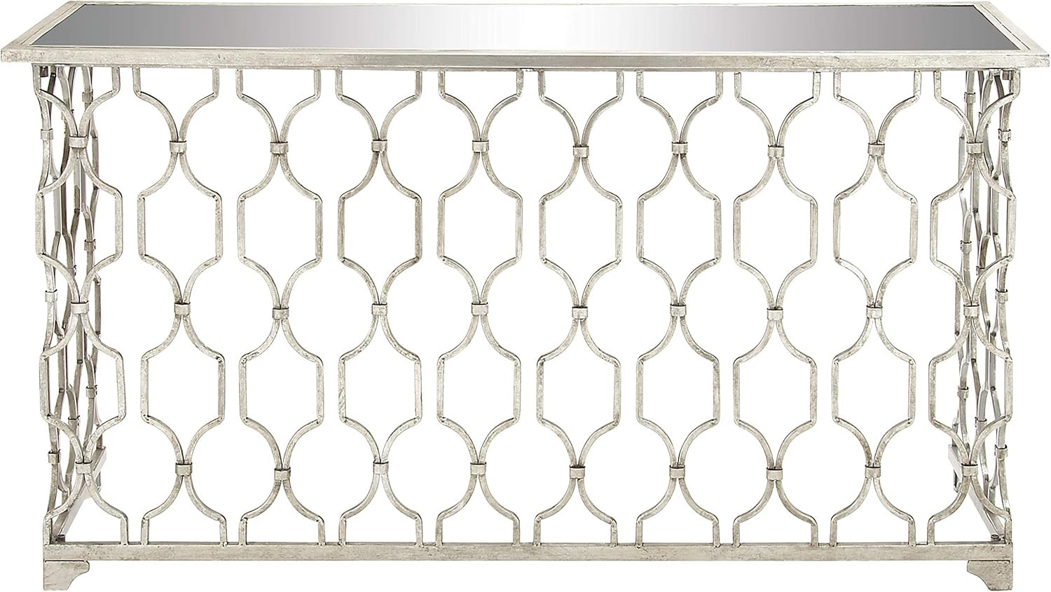 Stylish Silver Metal Geometric Console Table with Mirrored Glass Top, 55