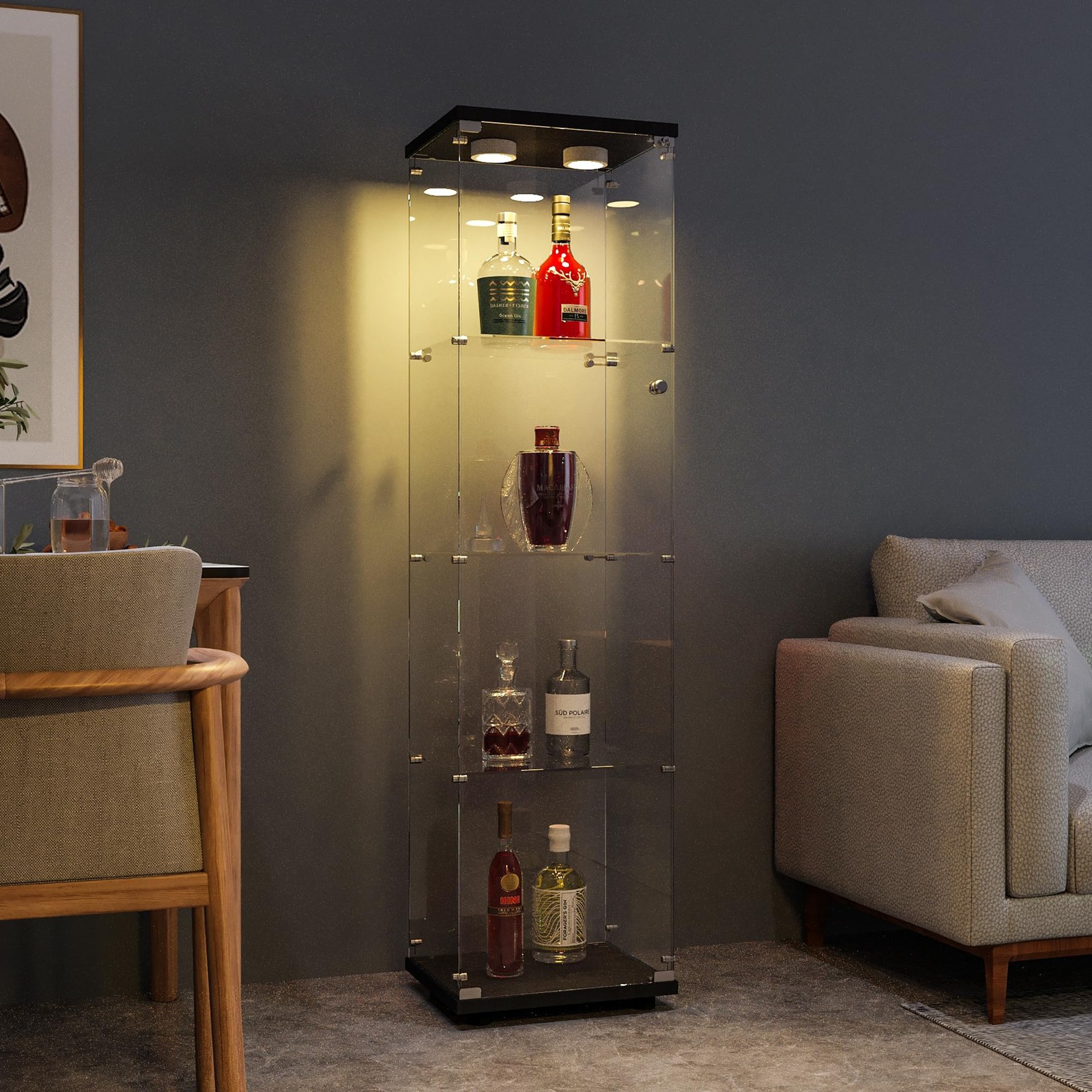 Display Cabinet with Glass Door and Light, 4-Tier Tempered Glass Display Shel…