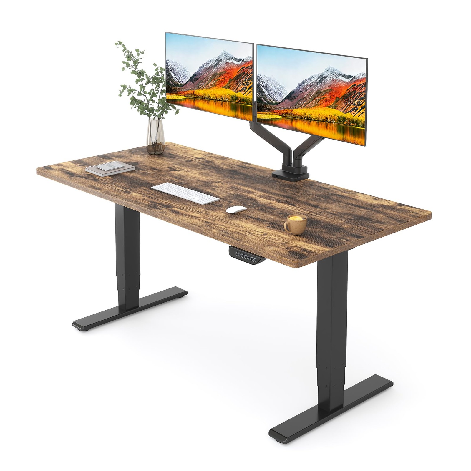 55×28 Dual Motor 3 Stage Standing Desk 330lbs Walnut Black Cable Management