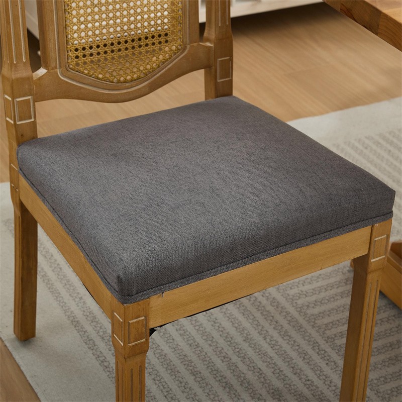 4 Set Solid Wood Rattan-Back Dining Chair Linen Cushion w/High-Resilience Foam