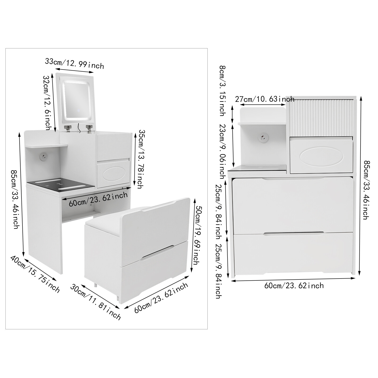 Makeup Table & Vanity Desk with Lighted Mirror Space Saving Dressing Table White
