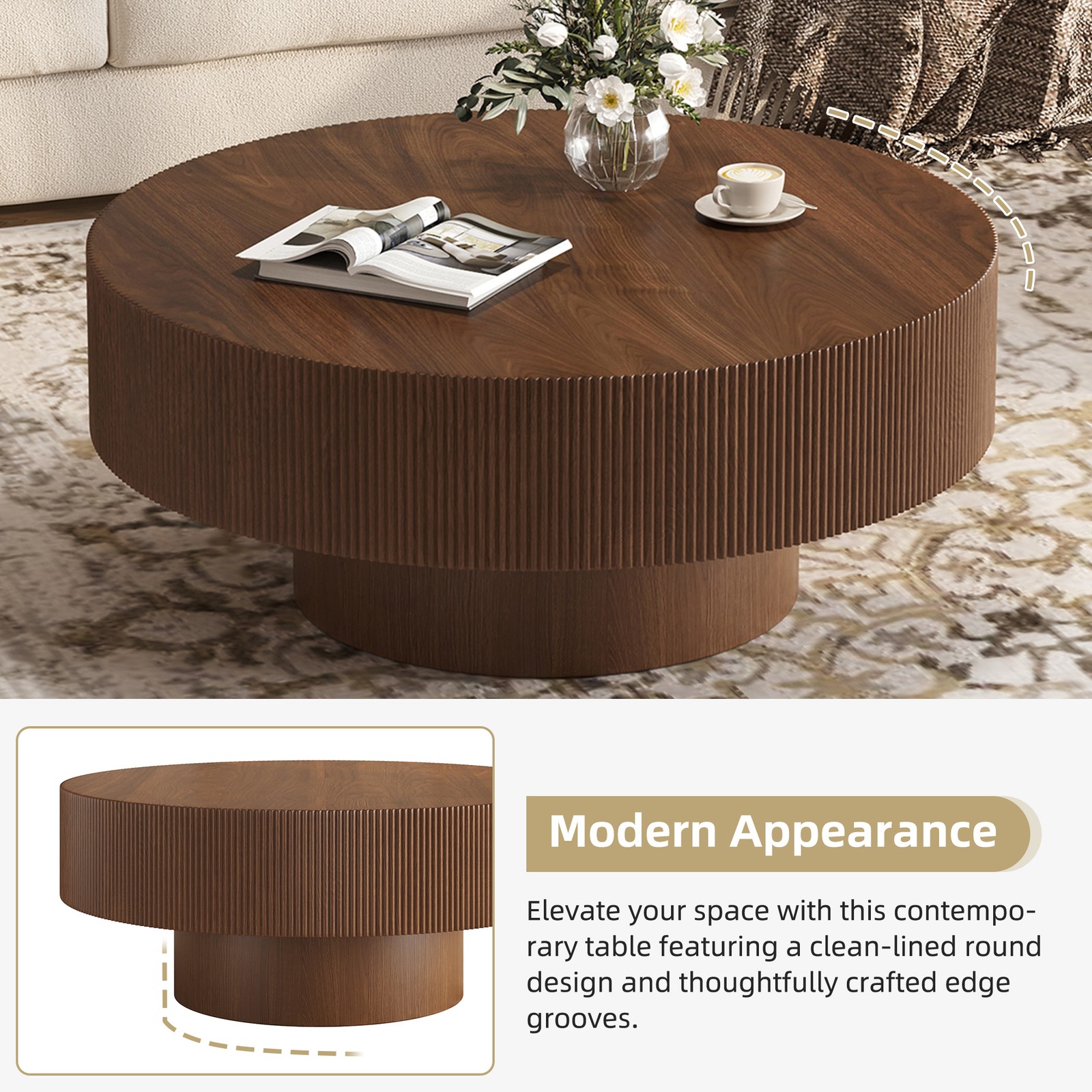 FUNIDEE Coffee Table with 8.5″ Thick Tabletop Drum End Table Center Table Walnut