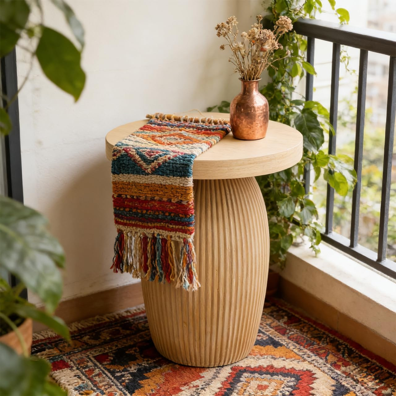 Mushroom Accent Table, Bohemian Side Table with Light Wood Finish for Small Spac