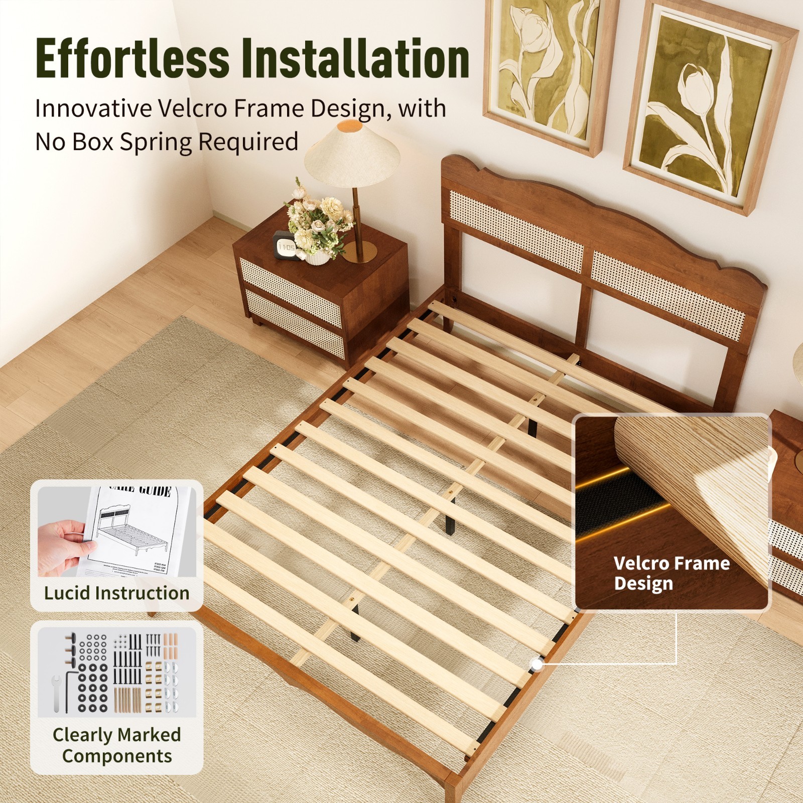 Queen Size Bed Frame Solid Wood with Woven Rattan Headboard Modern Retro Brown