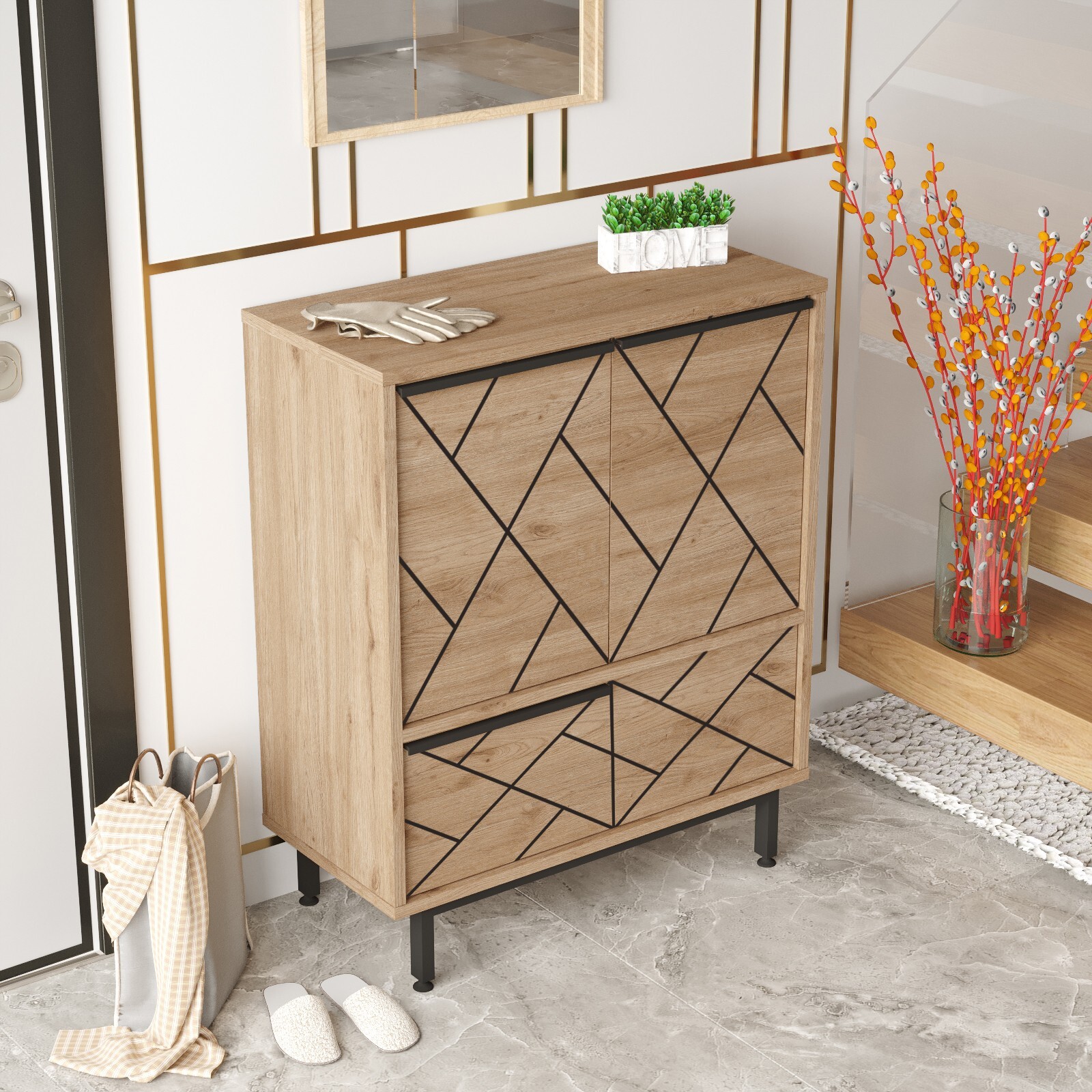 Ocean Double Sideboard Table and Storage with 3 Doors and Metal Legs, OAK Color