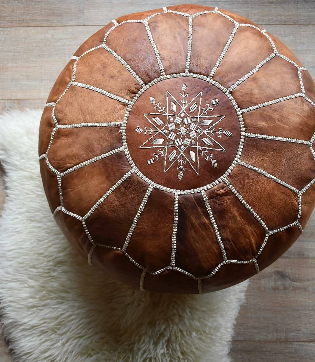 Genuine Round Pouf Leather Ottoman Moroccan Handmade Footstool Pouffe Boho