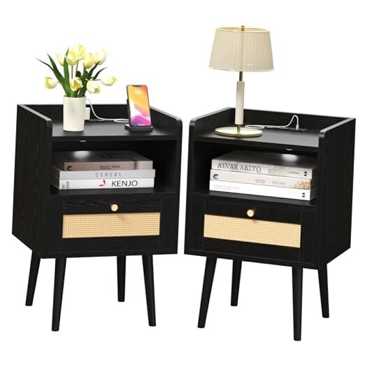 Night Stand Set of Bedside Tables 11.8″D x 15.9″W x 23.4″H (1 Drawers) 2 Black