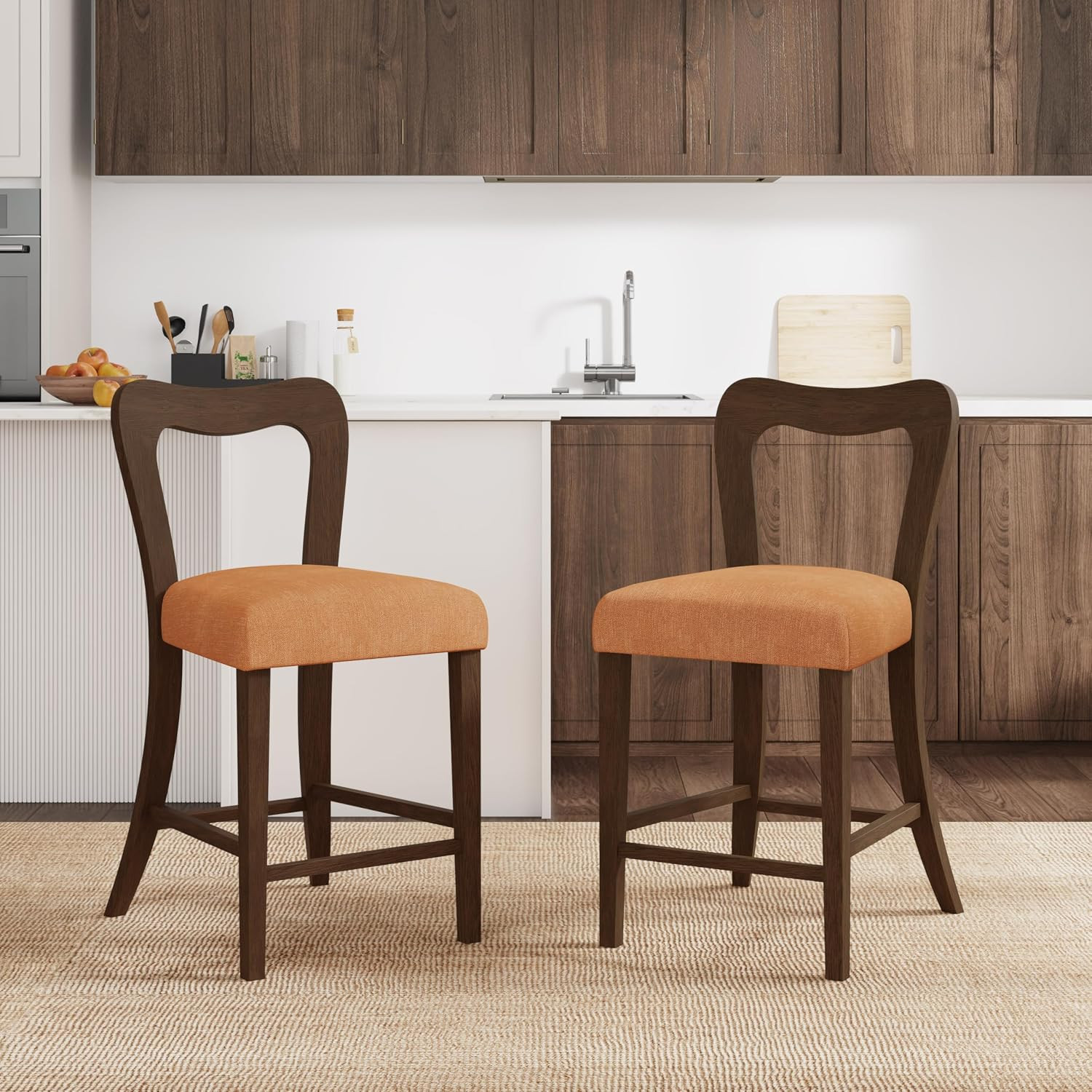 Set of 2 Modern Armless Bar Stools with Hollow Backrest, Walnut & Caramel