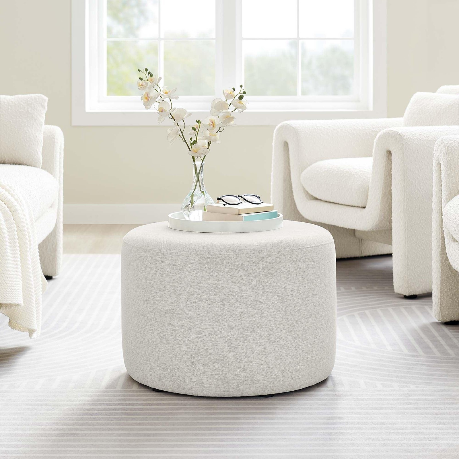 Callum Large 23″ Round Woven Heathered Fabric Upholstered Ottoman
