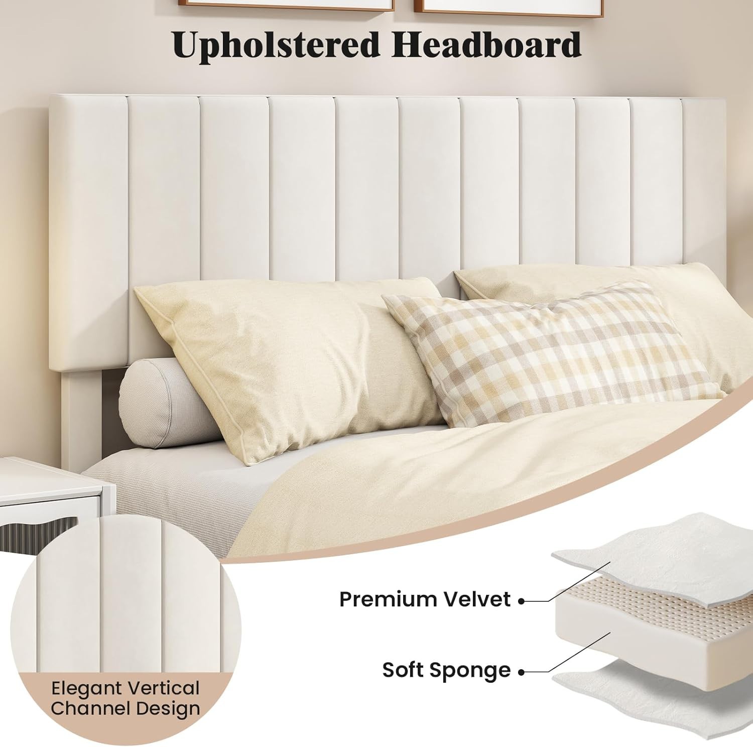 Base De Cama Queen Beige Con Cabecera De Madera Moderna Plataforma En Oferta New
