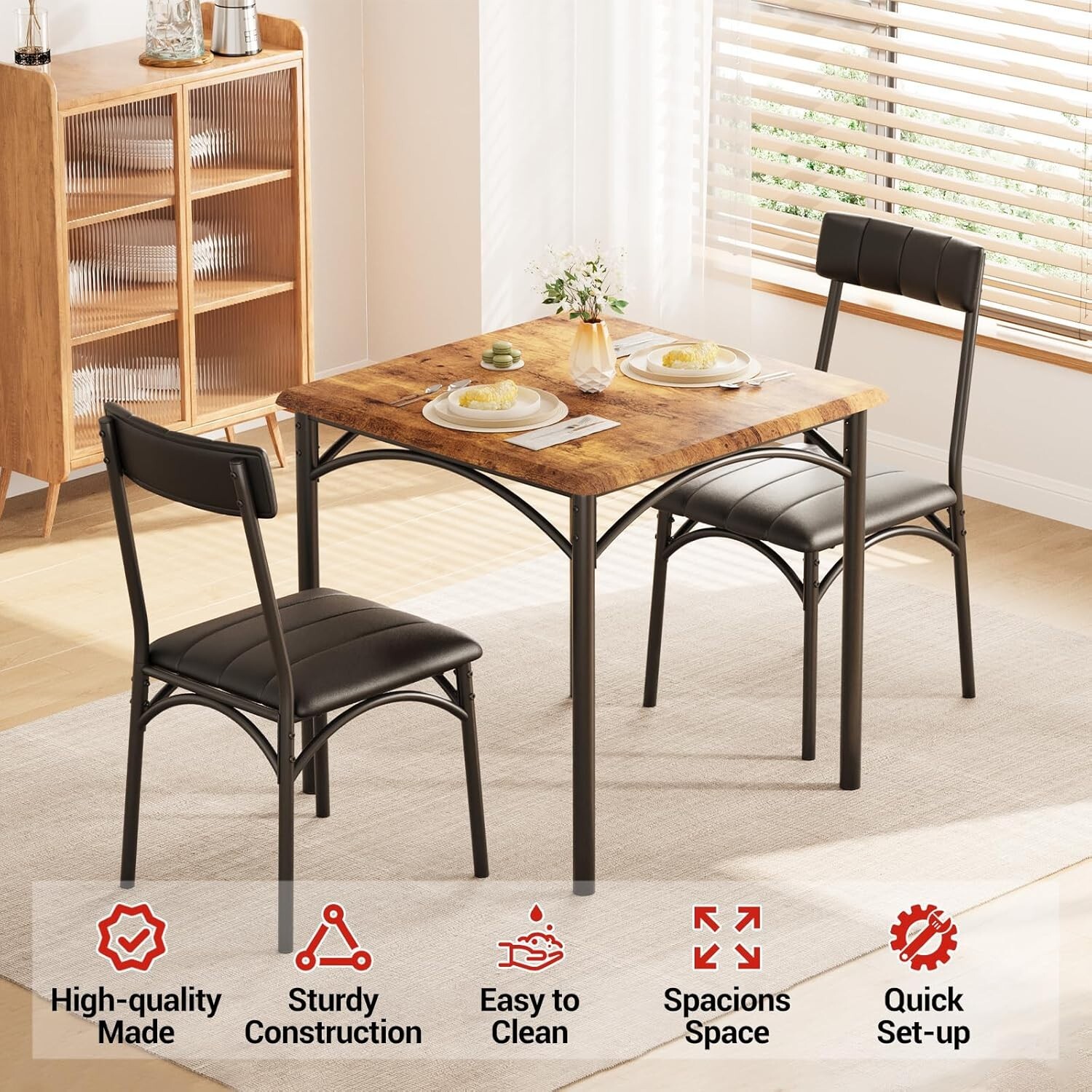 Dining Table Set for 2, Retro Brown Kitchen Table with 2 Upholstered Chairs