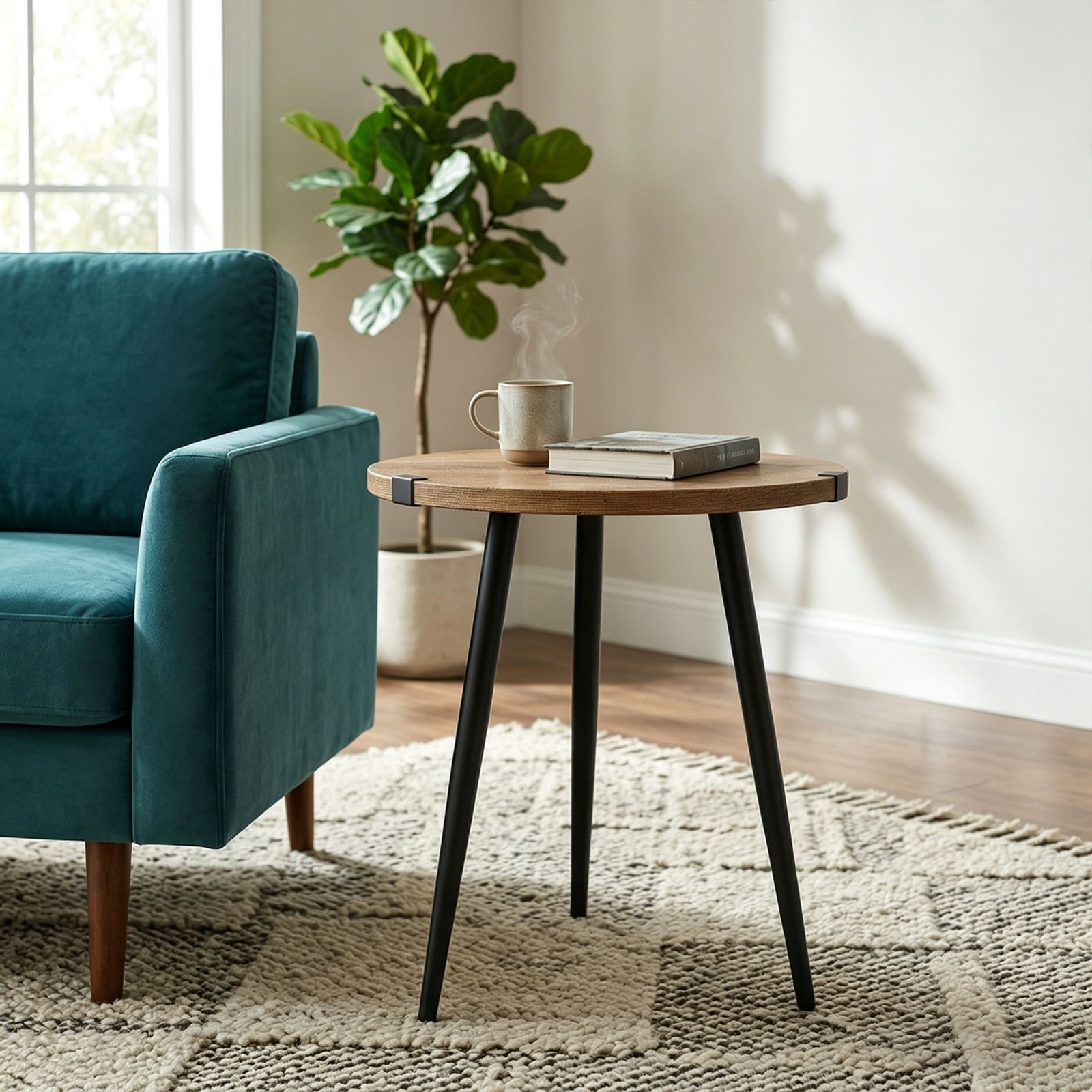 23.6in Round Oak Side Table, Metal Leg End Table for Living Room, Easy Assembly