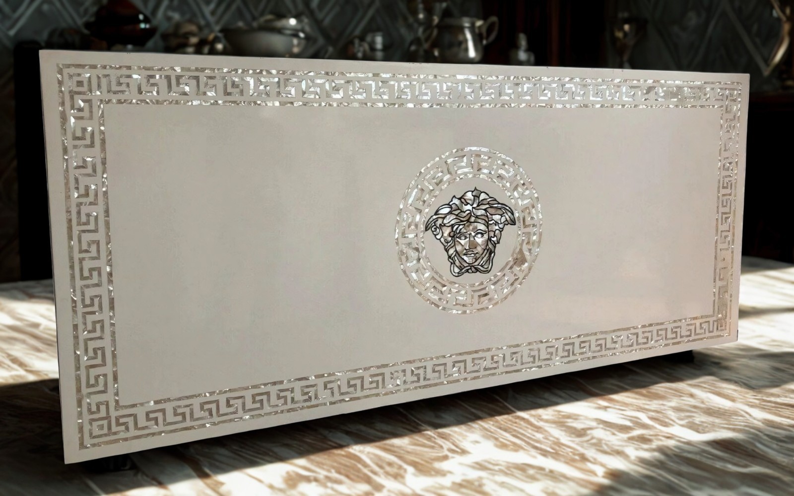 Serene White Marble Table with Mother Of Pearl Boundary and Face Motif 54″x30″