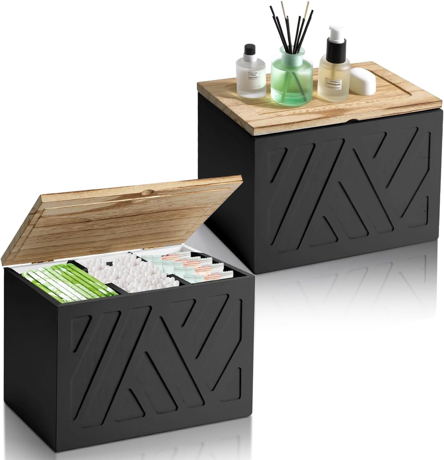 2 Pack Tampon Holder Bathroom Organizer Wood Pad Storage Box w/Lid Black Decor