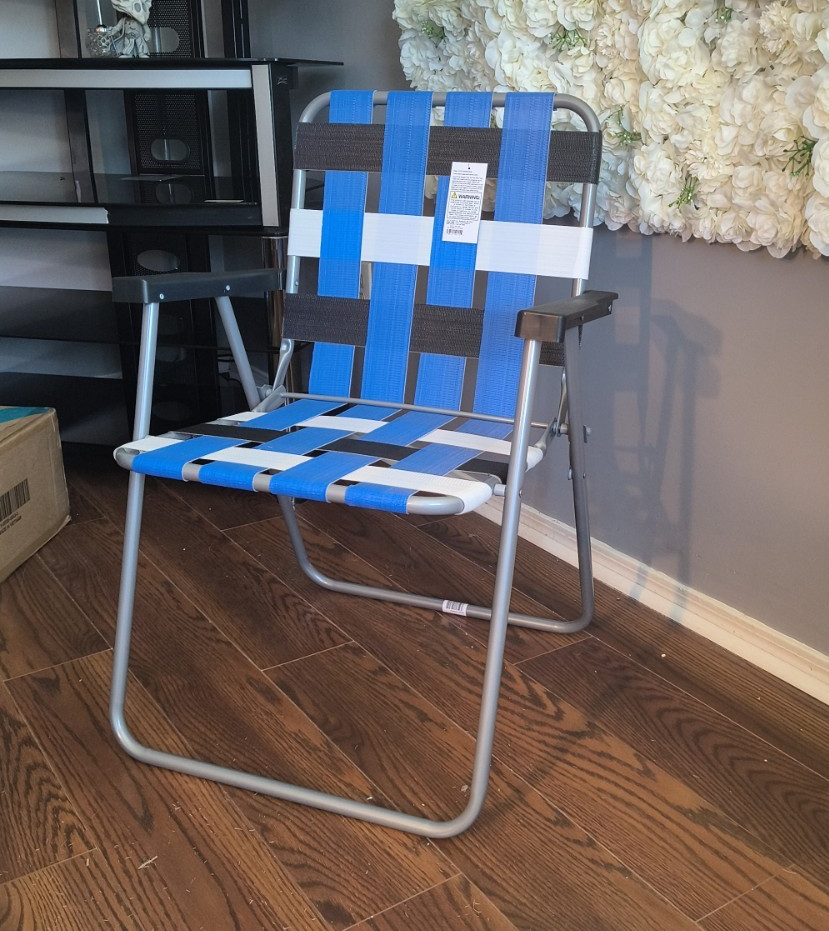 Blue/Black/White Plaid Folding Chair w/ Metal Frame, 31-40in H, 21-30in