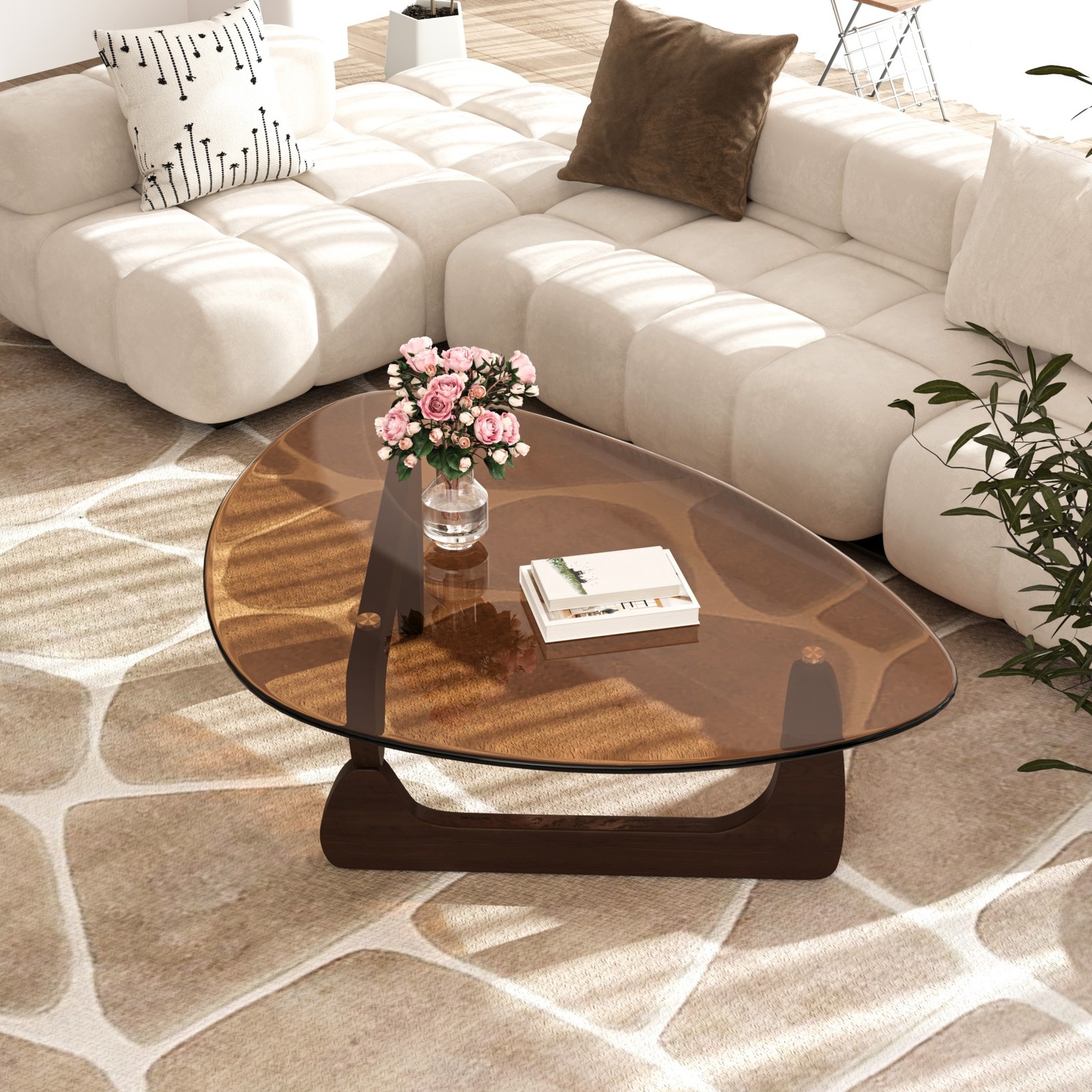 Modern Triangular Coffee Table Amber-Tinted Tempered Glass Top Rubber Wood Base