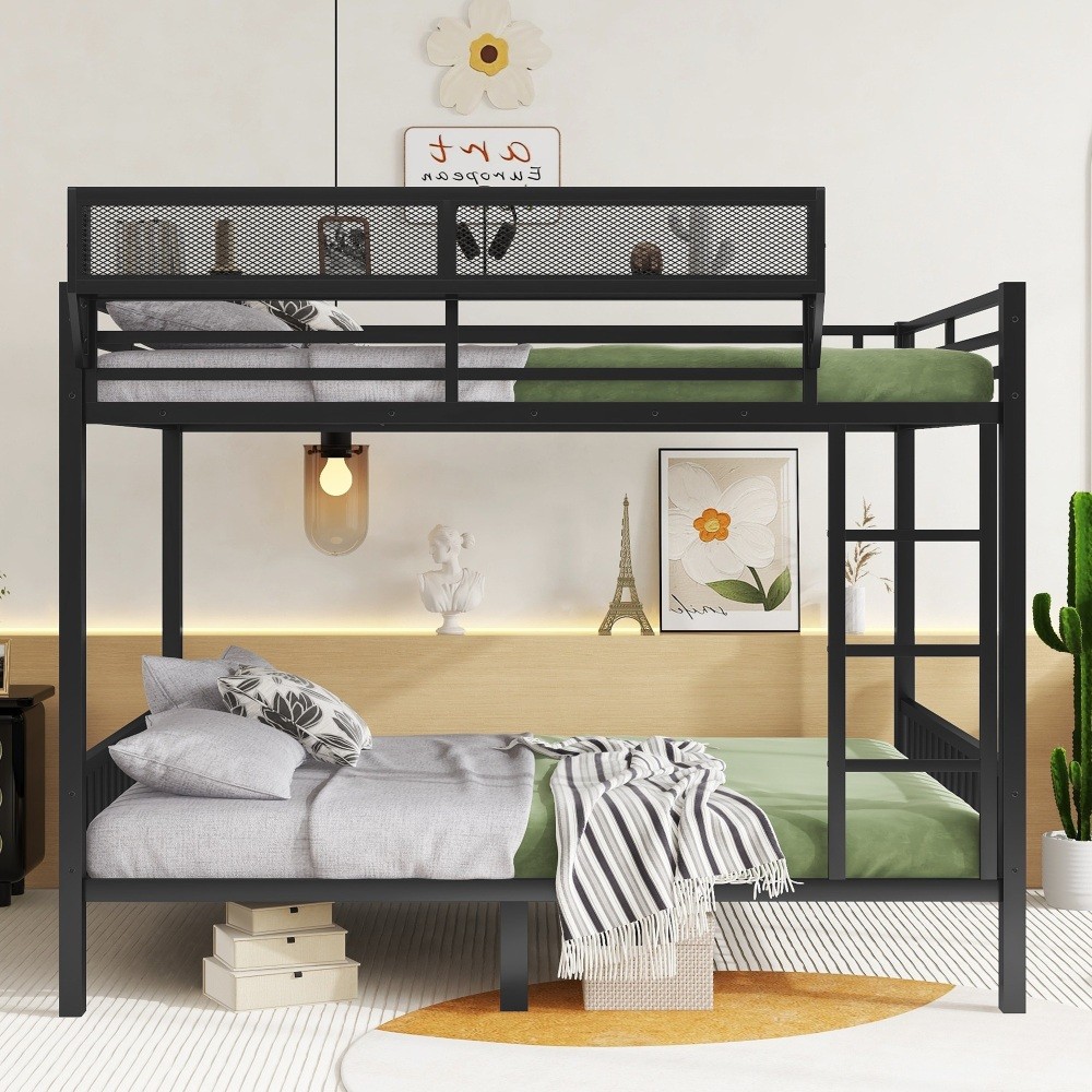 Queen Over Queen Metal Bunk Bed with Ladder and Storage Shelf for Adults Black